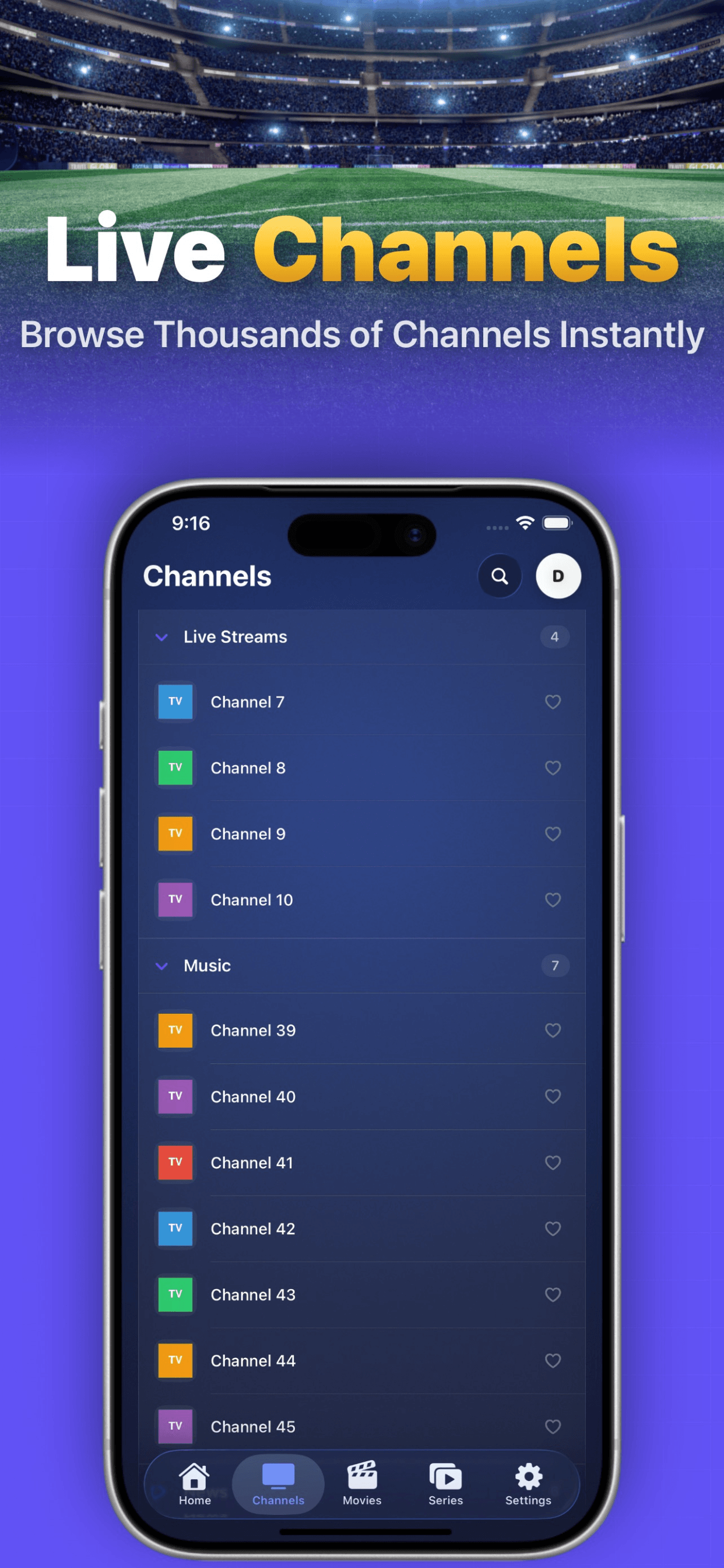 Live channels list in Smarters IPTV Pro on iPhone