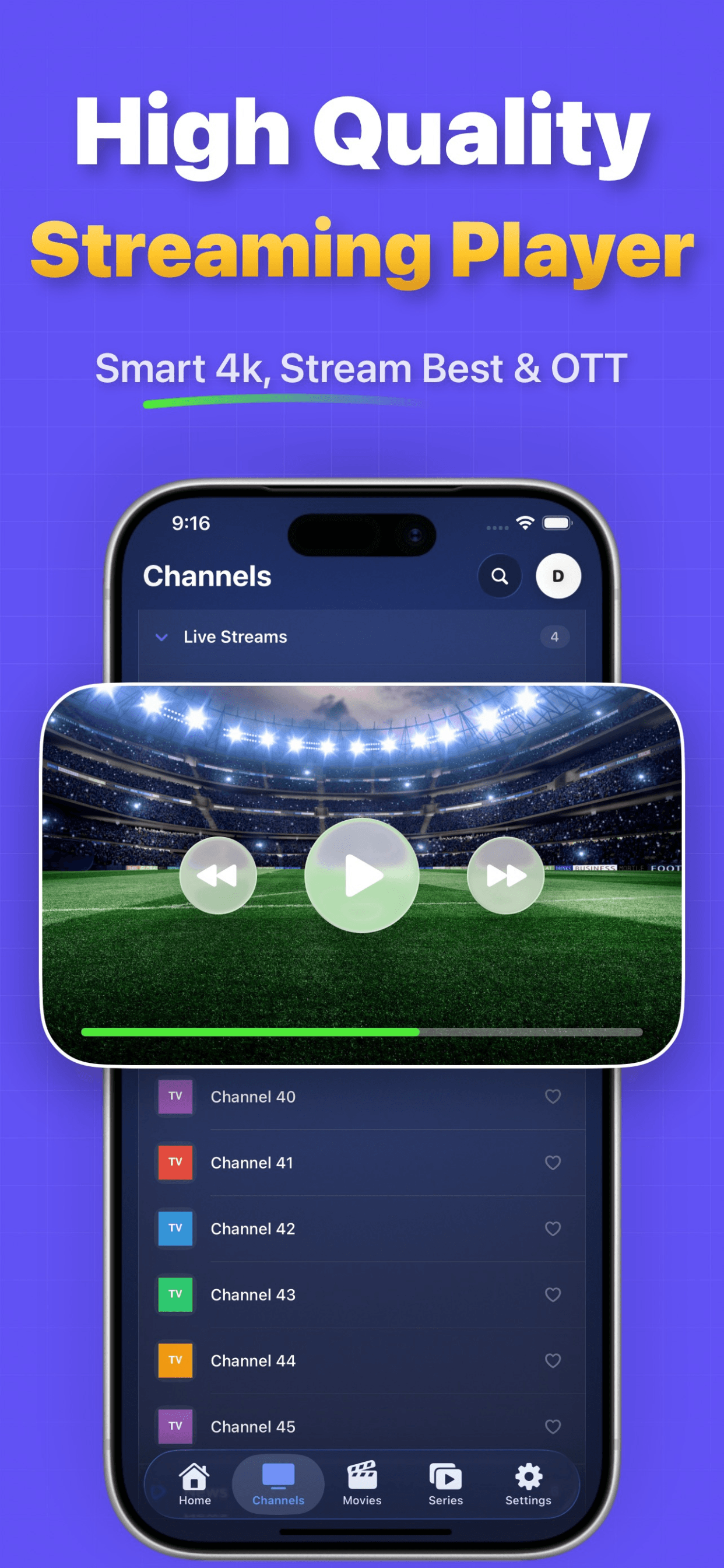 Streaming player in Smarters IPTV Pro on iPhone